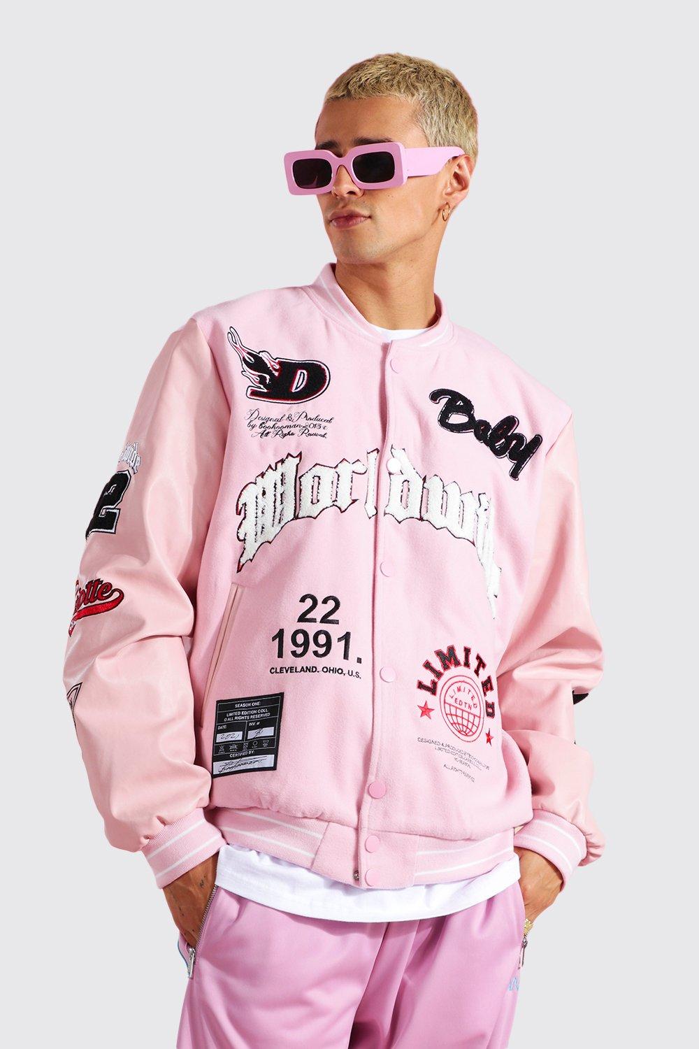 Pastel pink varsity jacket best sale